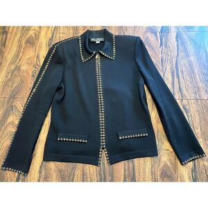 ST JOHN Collection Marie Gray Knit Cardigan Sweater Sz 6 Full Zip Black w/ Gold